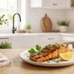 Maple glazed salmon fillet with a sticky caramelized maple glaze, parsley, and lemon on a white plate