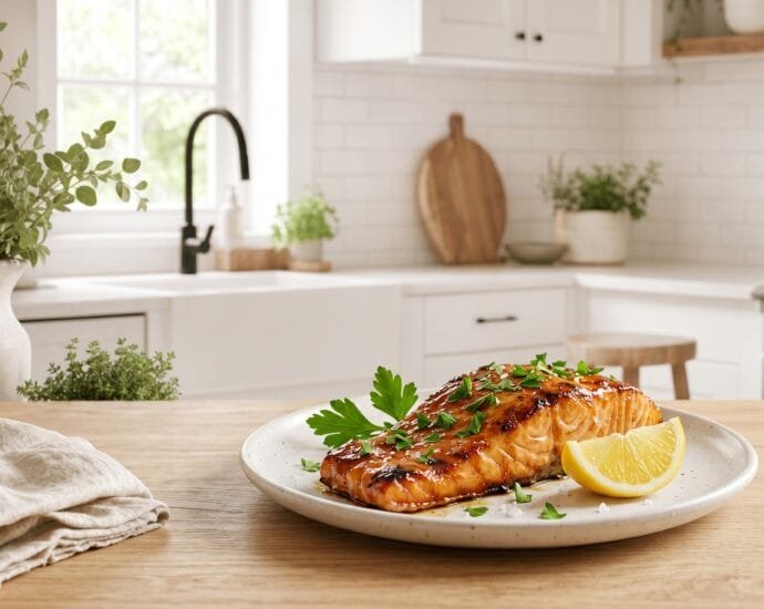 Maple glazed salmon fillet with a sticky caramelized maple glaze, parsley, and lemon on a white plate