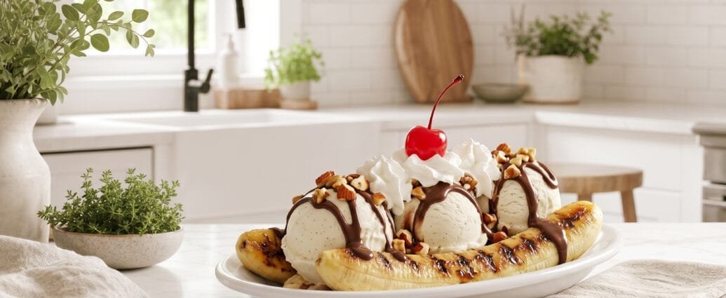 Grilled banana split with caramelized grill-marked bananas, vanilla ice cream, chocolate drizzle, toasted nuts, whipped cream, and a cherry in a white dish