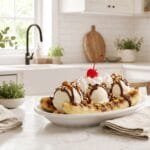 Grilled banana split with caramelized grill-marked bananas, vanilla ice cream, chocolate drizzle, toasted nuts, whipped cream, and a cherry in a white dish