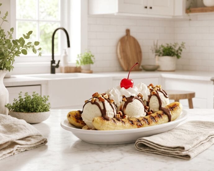 Grilled banana split with caramelized grill-marked bananas, vanilla ice cream, chocolate drizzle, toasted nuts, whipped cream, and a cherry in a white dish