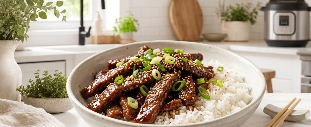 Instant Pot Mongolian beef with caramelized flank steak strips in a glossy soy glaze over white rice, topped with green onions and sesame seeds