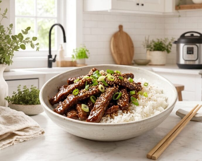 Instant Pot Mongolian beef with caramelized flank steak strips in a glossy soy glaze over white rice, topped with green onions and sesame seeds
