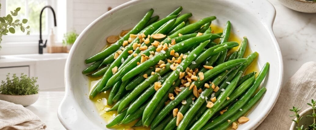 Instant Pot garlic green beans, tender-crisp and glistening with olive oil and golden garlic, in a white serving dish