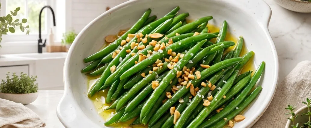 Instant Pot garlic green beans, tender-crisp and glistening with olive oil and golden garlic, in a white serving dish