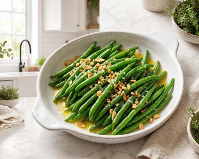 Instant Pot garlic green beans, tender-crisp and glistening with olive oil and golden garlic, in a white serving dish