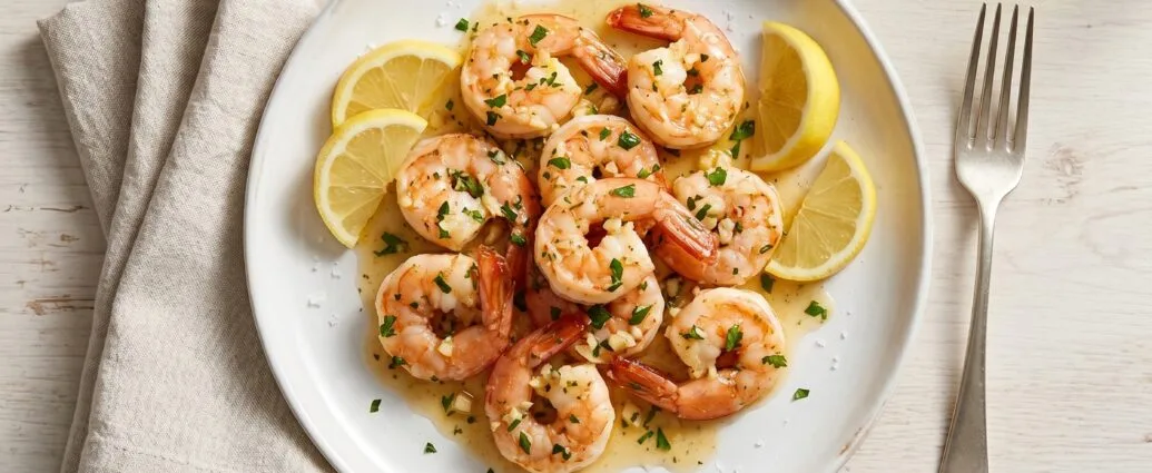 Garlic butter shrimp on a white plate with lemon wedges and parsley