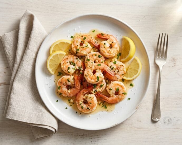 Garlic butter shrimp on a white plate with lemon wedges and parsley