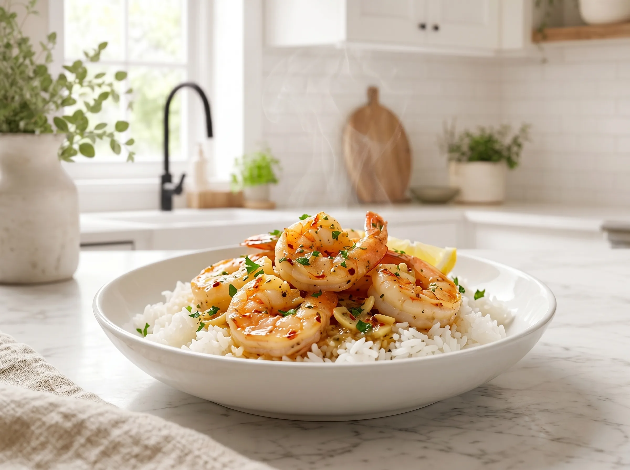 Close-up of garlic butter shrimp served over white rice in a bowl