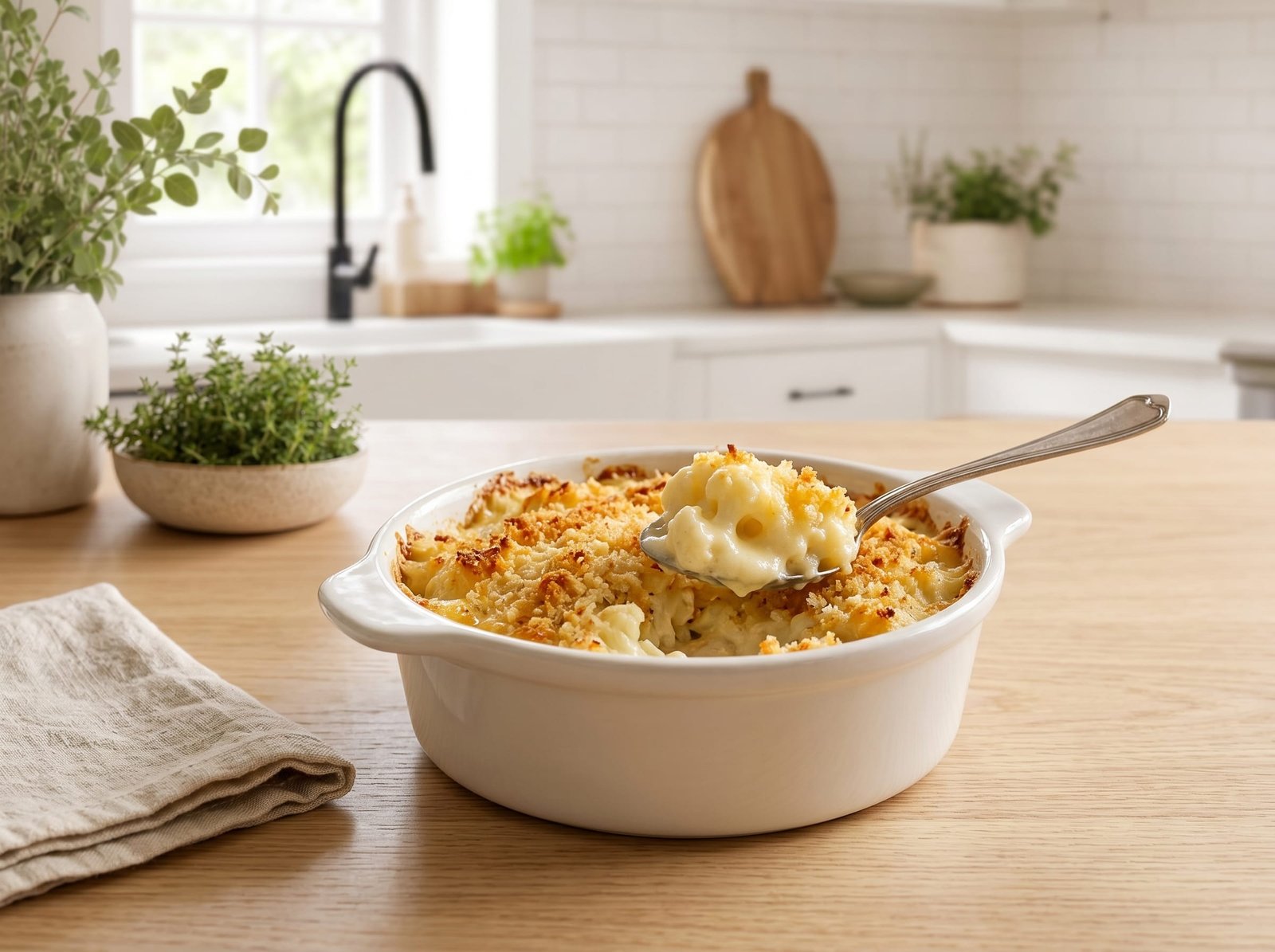 A scooped serving of creamy cauliflower gratin on a small white plate, showing tender florets in cheese sauce under a golden breadcrumb crust