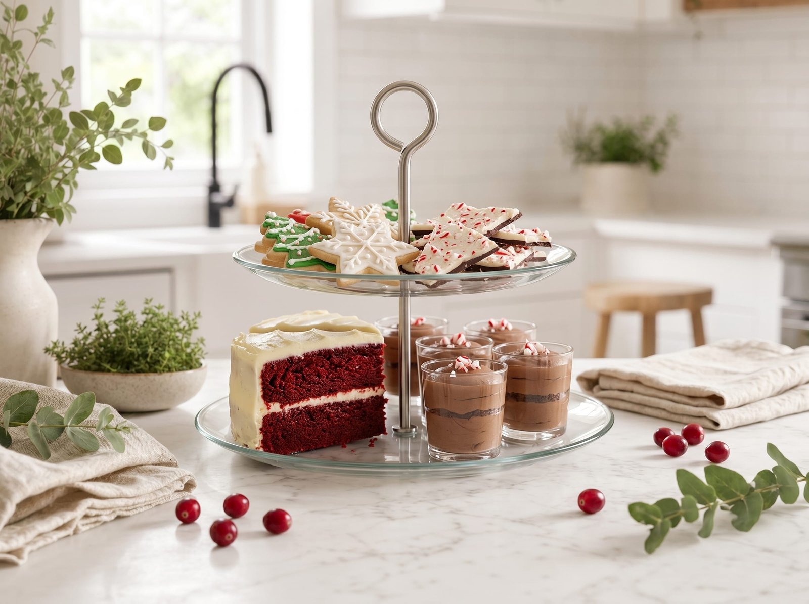 A tiered stand of assorted Christmas desserts including decorated sugar cookies, peppermint bark, a slice of red velvet cake, and small glasses of chocolate mousse on a marble surface with fresh cranberries