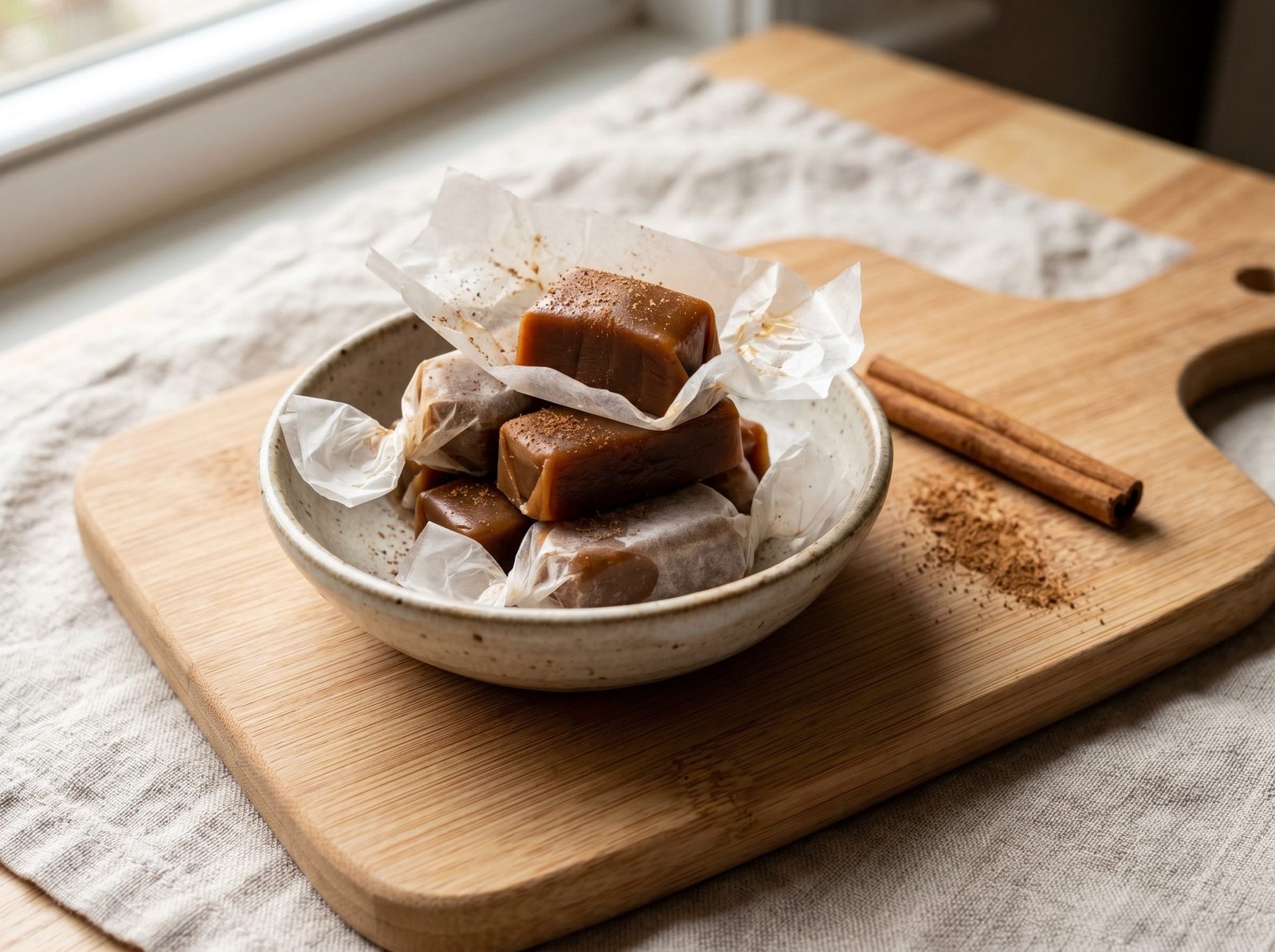 Soft gingerbread caramels stacked in a small bowl with a few partly unwrapped in wax paper and a cinnamon stick on a light wood board