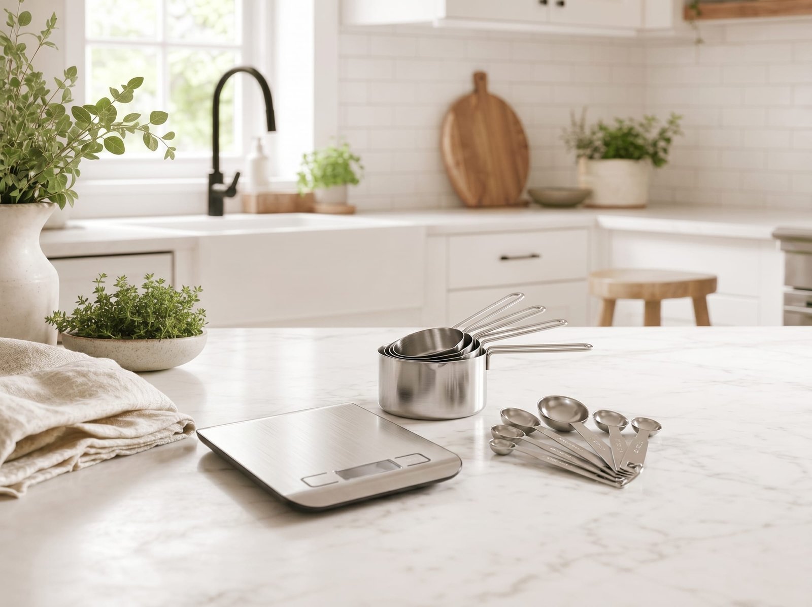 Stainless steel nested measuring cups, fanned measuring spoons and a digital kitchen scale on a light marble counter