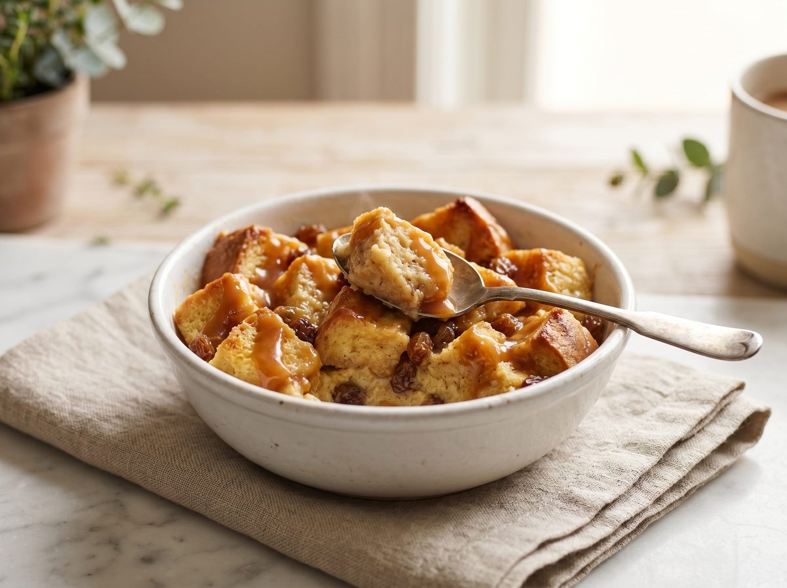 A bowl of Instant Pot bread pudding with golden custardy bread cubes, raisins and caramel sauce with a spoon