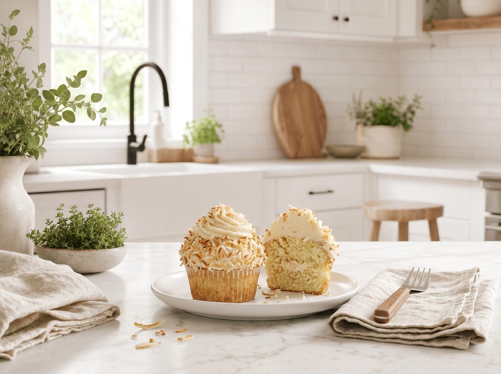 A toasted coconut snowball cupcake on a white plate, one cupcake split to show the tender coconut crumb
