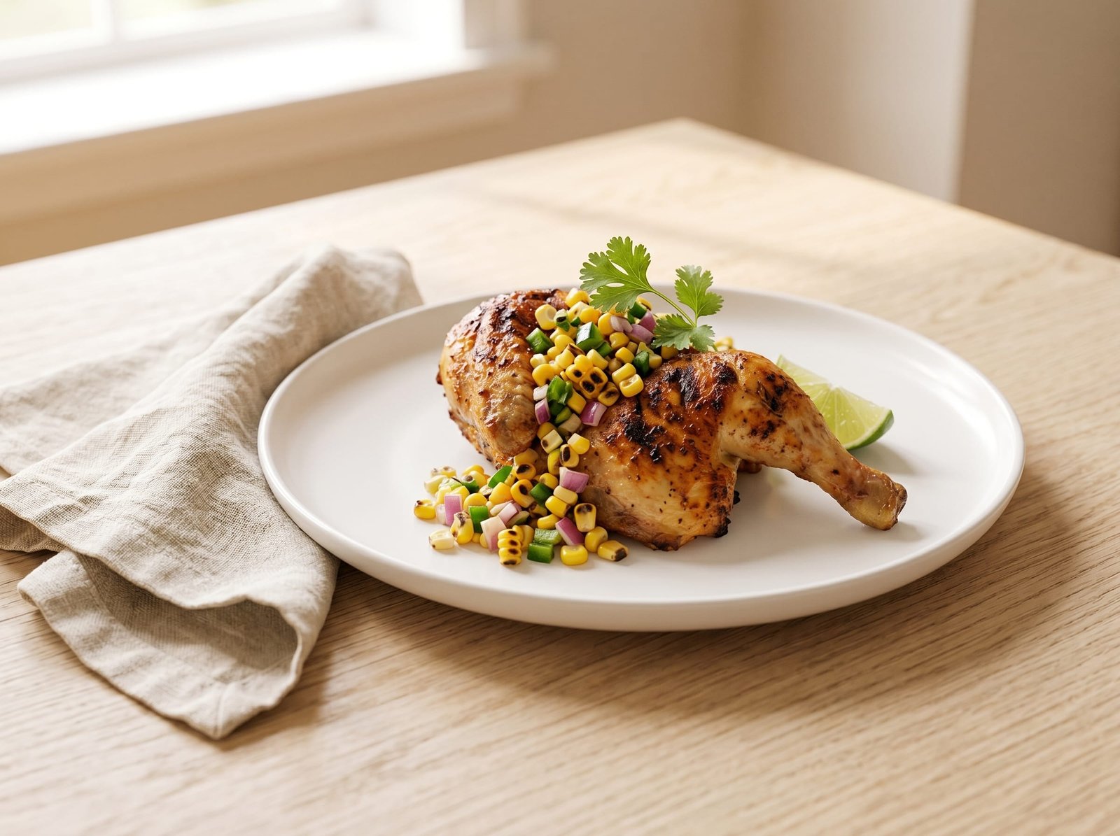 A plated half chipotle lime grilled Cornish hen with charred corn salsa, cilantro and a lime wedge on a white plate