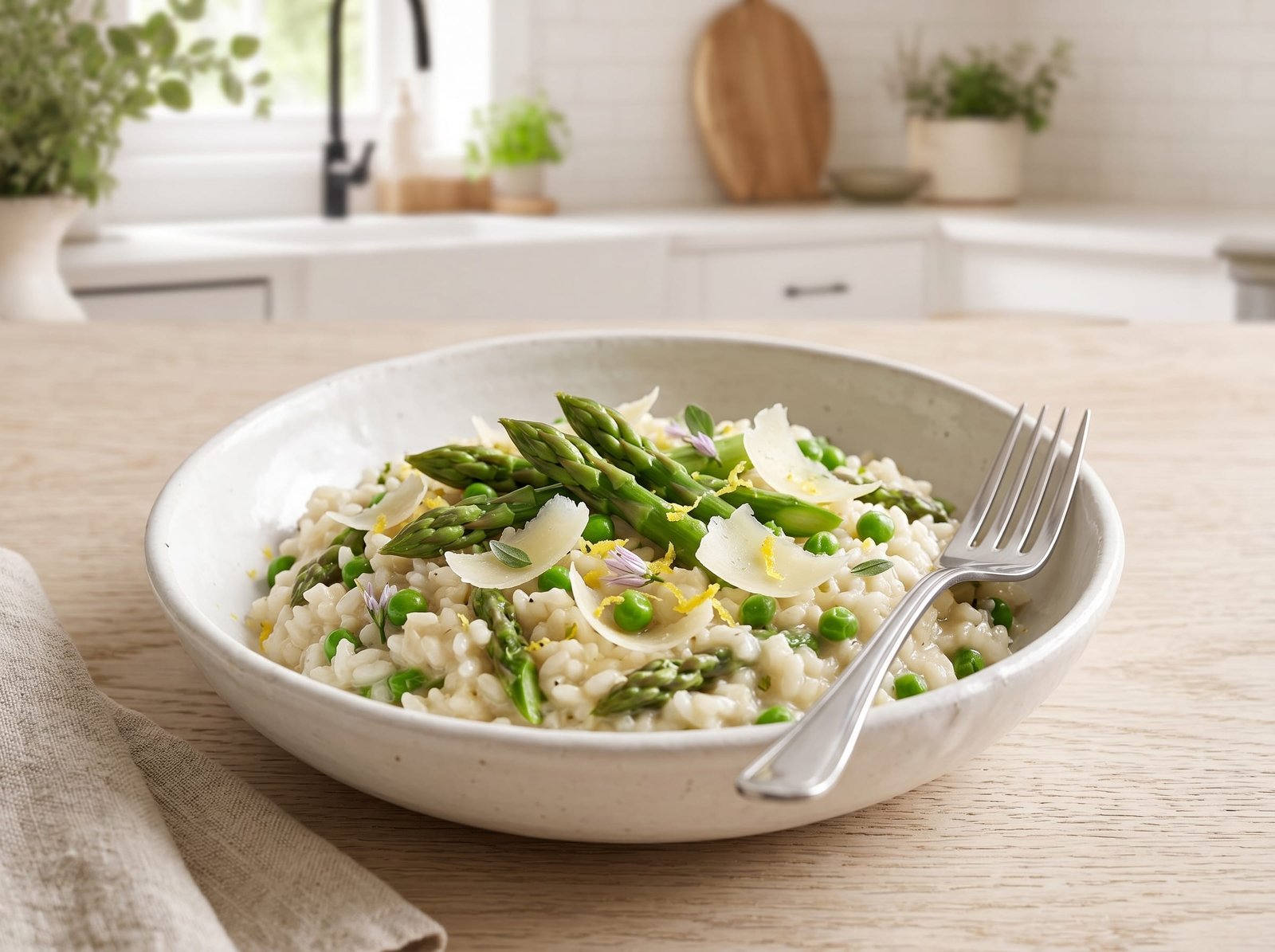 Close-up of creamy spring vegetable risotto served in a white bowl with asparagus tips, peas, shaved Parmesan and lemon zest, a fork resting on the rim