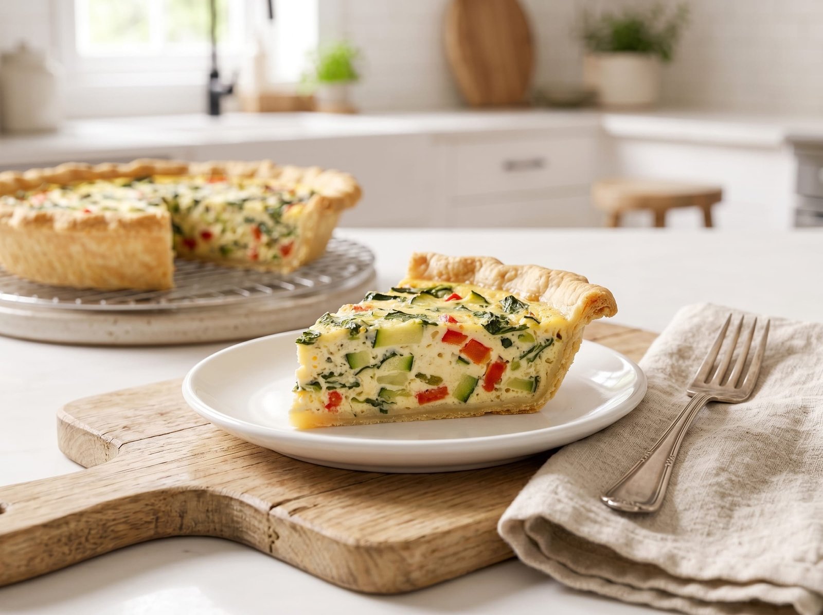 Single slice of garden vegetable quiche on a white plate showing creamy custard with zucchini, red bell pepper and spinach in a golden flaky crust