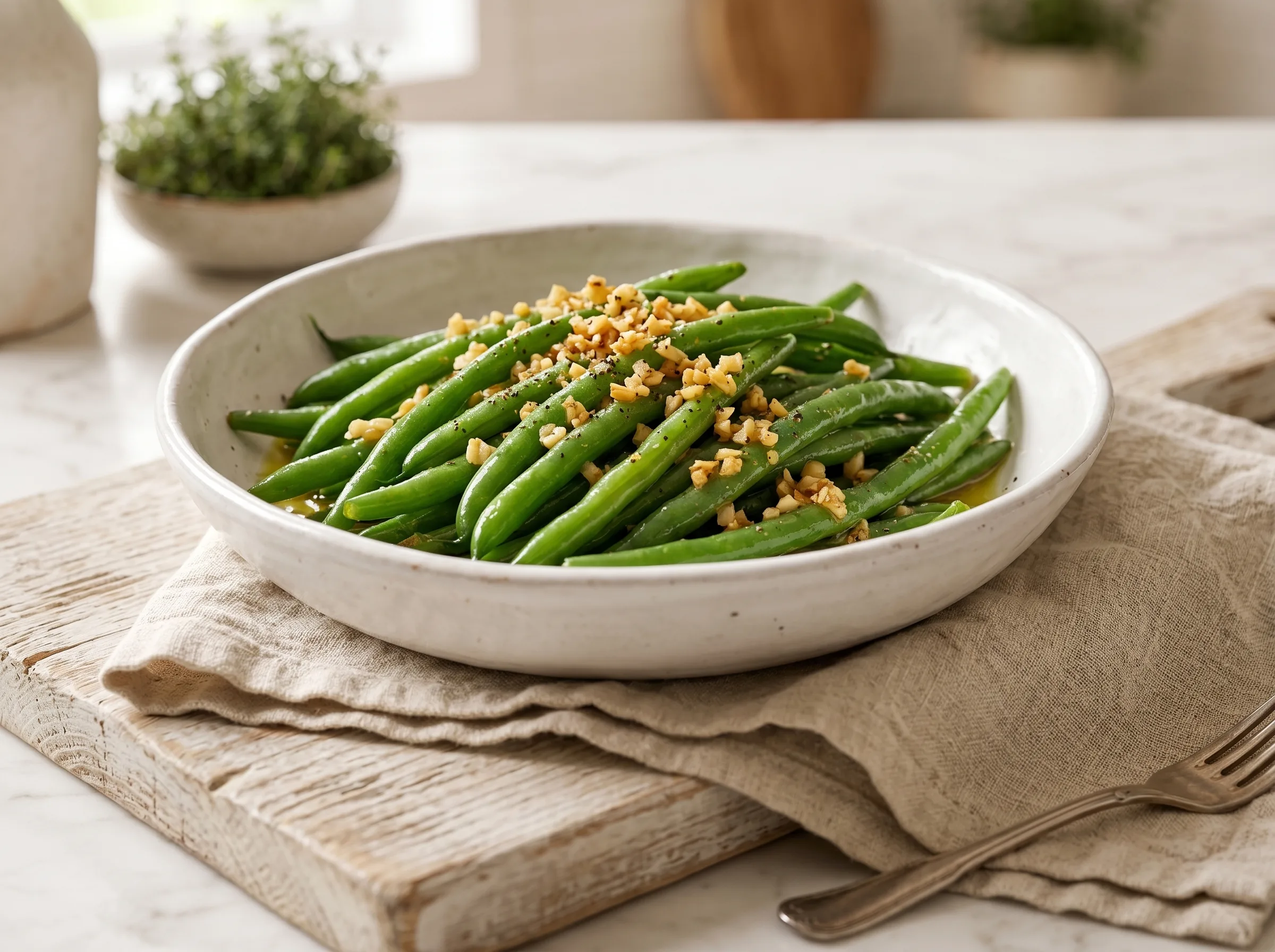 Garlic green beans plated in a white serving bowl, tender-crisp and glistening with olive oil and golden minced garlic