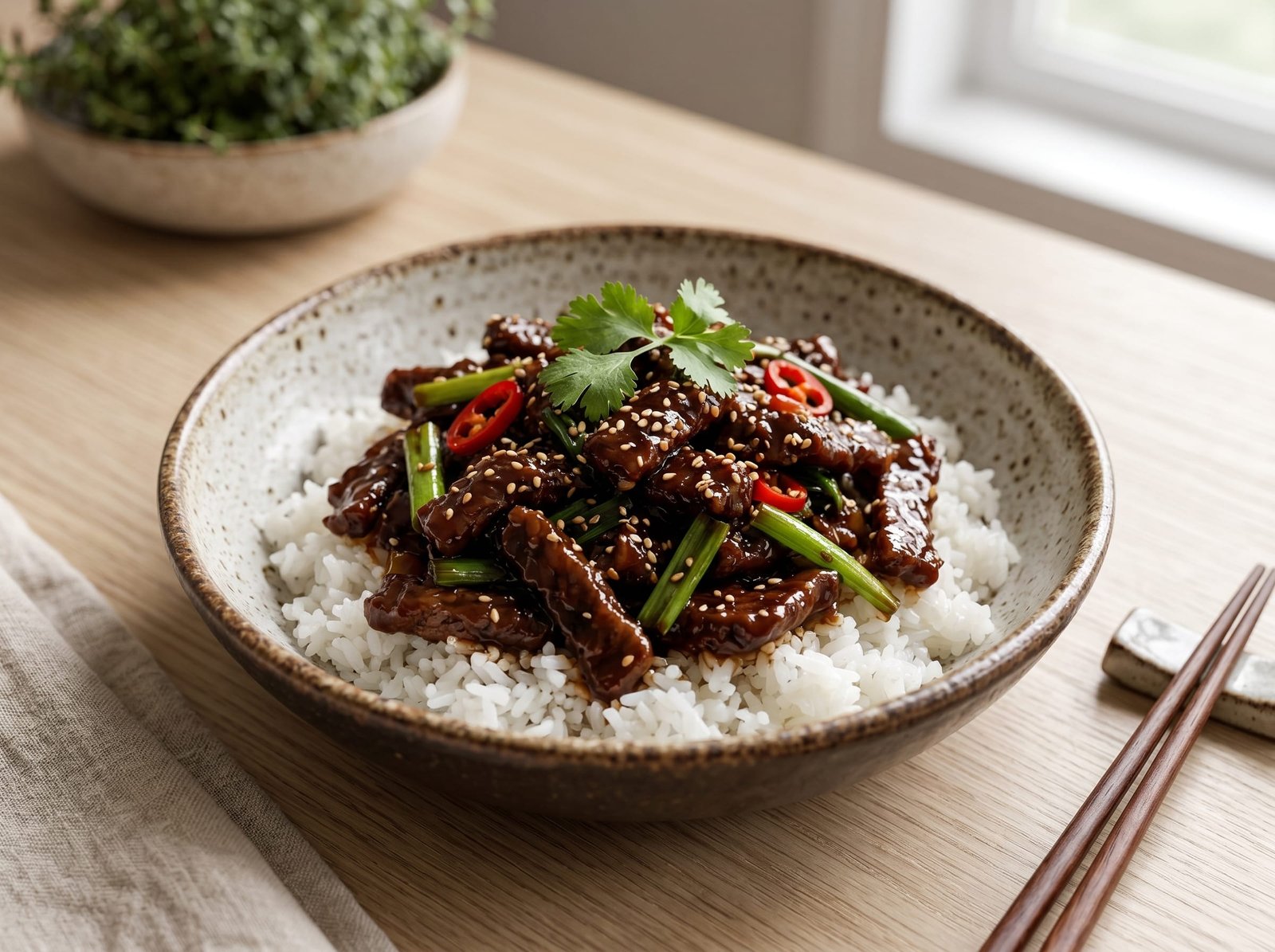 A close-up bowl of Instant Pot Mongolian beef served over fluffy white rice, with glossy soy-glazed beef strips, sliced green onions, and sesame seeds