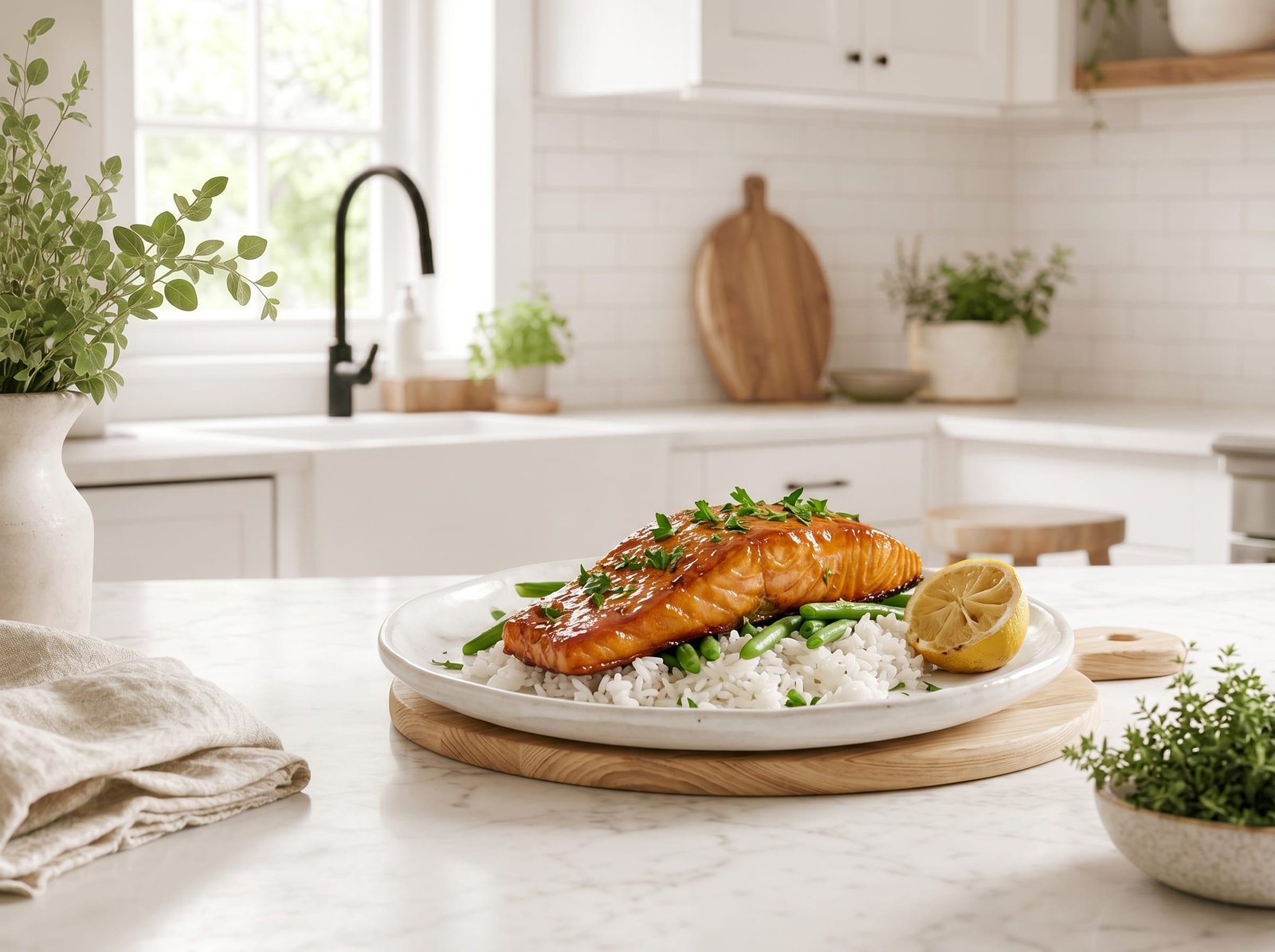 A plated maple glazed salmon fillet with sticky caramelized glaze, parsley and a lemon wedge served over rice with green beans