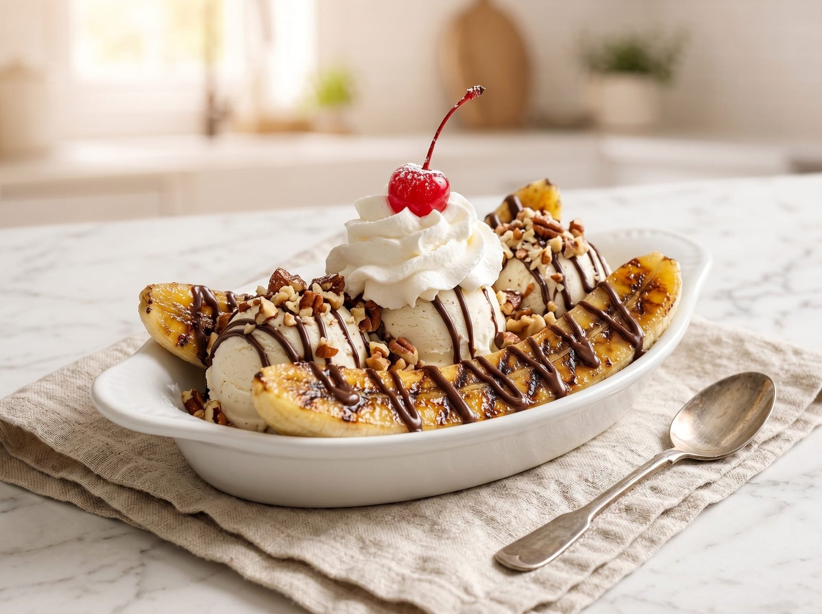 A grilled banana split in a white dish with caramelized grill-marked banana halves, vanilla ice cream, chocolate drizzle, chopped nuts, whipped cream, and a cherry