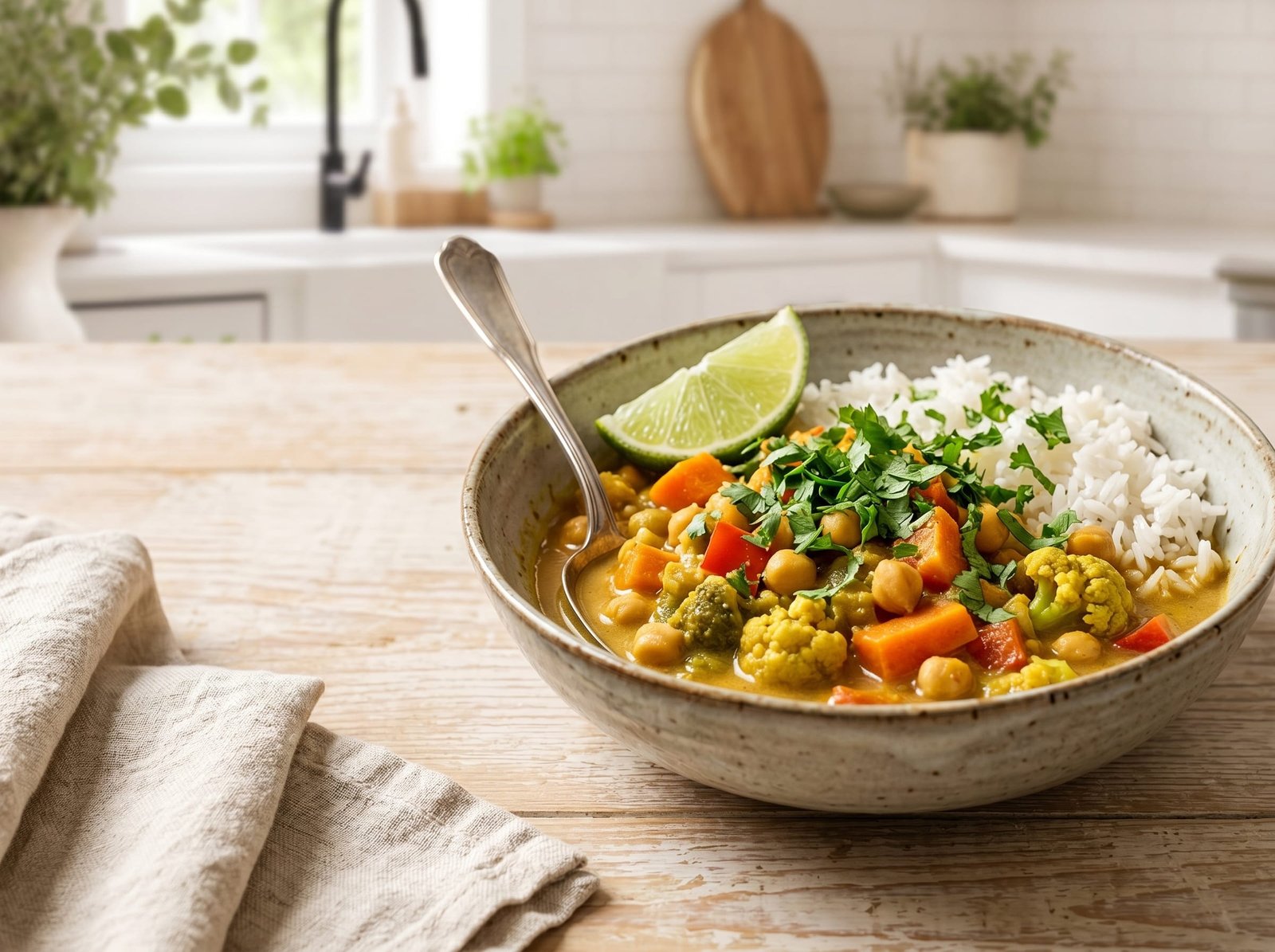 A bowl of Instant Pot vegetable curry with chickpeas, carrots, cauliflower and bell pepper in golden coconut sauce served over rice with cilantro and a lime wedge