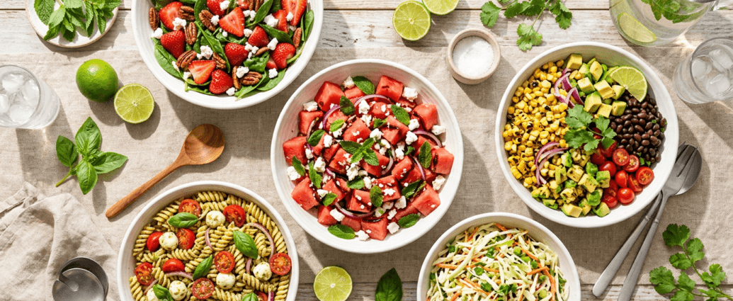 A colorful overhead spread of fresh summer salads including watermelon feta, strawberry spinach, grilled corn, and caprese pasta salad on a sunny outdoor table