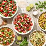 A colorful overhead spread of fresh summer salads including watermelon feta, strawberry spinach, grilled corn, and caprese pasta salad on a sunny outdoor table
