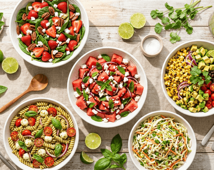 A colorful overhead spread of fresh summer salads including watermelon feta, strawberry spinach, grilled corn, and caprese pasta salad on a sunny outdoor table
