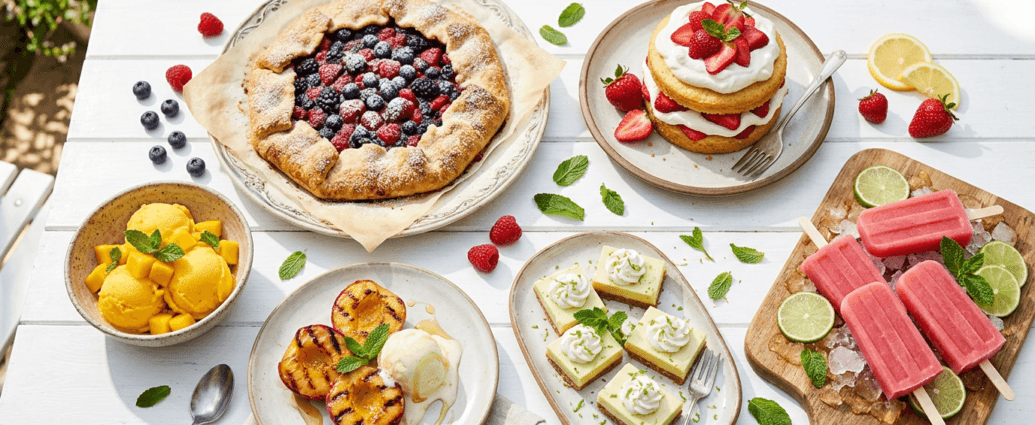 A bright overhead spread of summer desserts including strawberry shortcake, popsicles, sorbet, berry galette, and grilled peaches