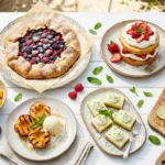 A bright overhead spread of summer desserts including strawberry shortcake, popsicles, sorbet, berry galette, and grilled peaches