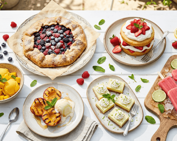 A bright overhead spread of summer desserts including strawberry shortcake, popsicles, sorbet, berry galette, and grilled peaches