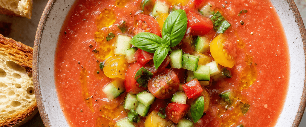 Classic Gazpacho with Heirloom Tomatoes served in a rustic bowl