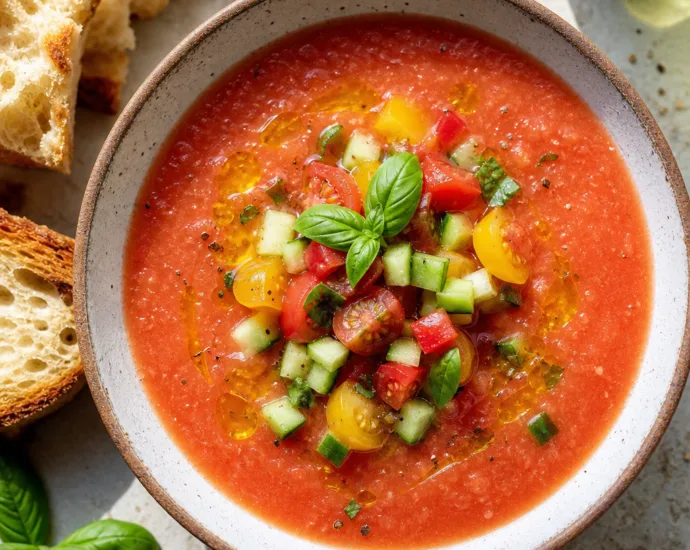 Classic Gazpacho with Heirloom Tomatoes served in a rustic bowl