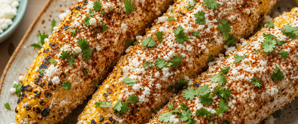 Spicy grilled Mexican street corn with cotija cheese and chili