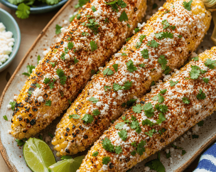 Spicy grilled Mexican street corn with cotija cheese and chili
