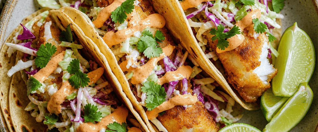 Baja fish tacos with cabbage slaw and chipotle mayo