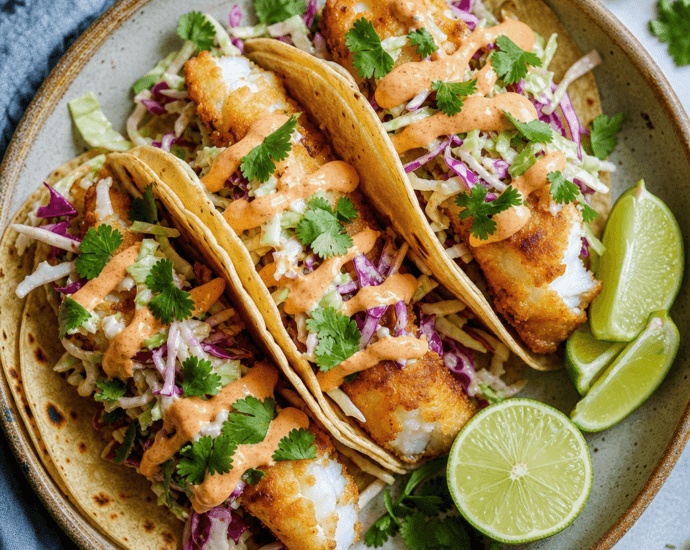 Baja fish tacos with cabbage slaw and chipotle mayo