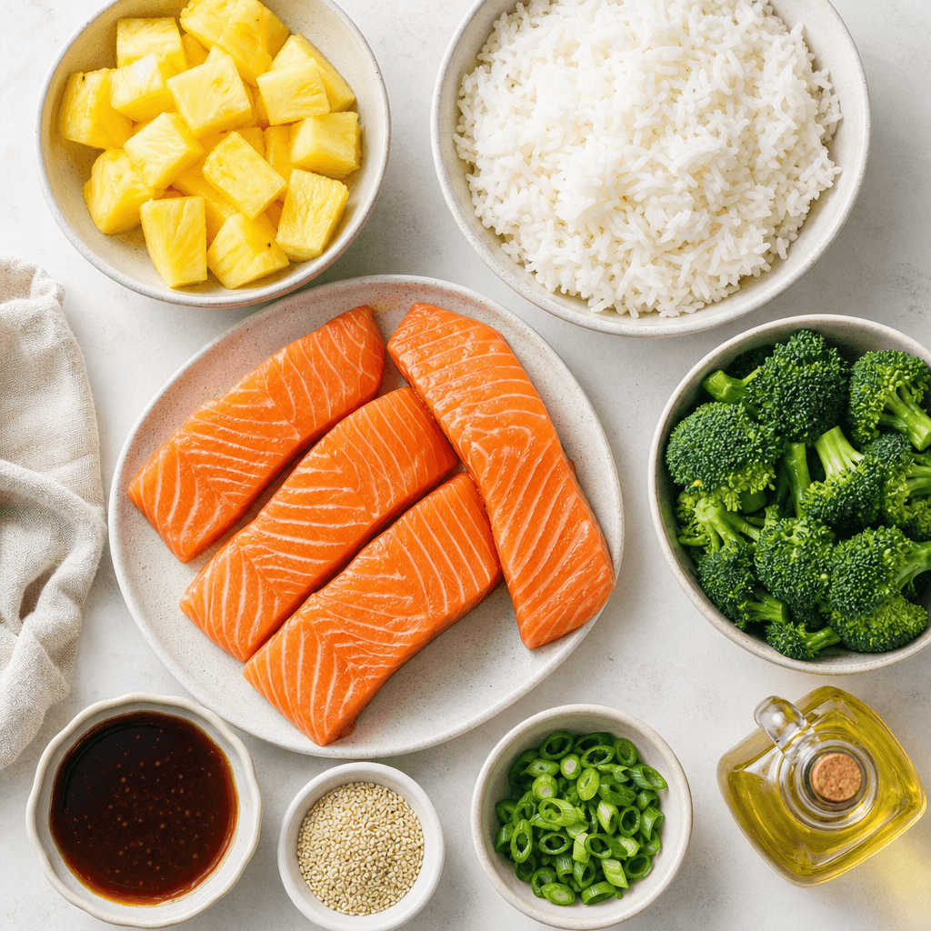 Teriyaki Salmon Bowls with Pineapple ingredients