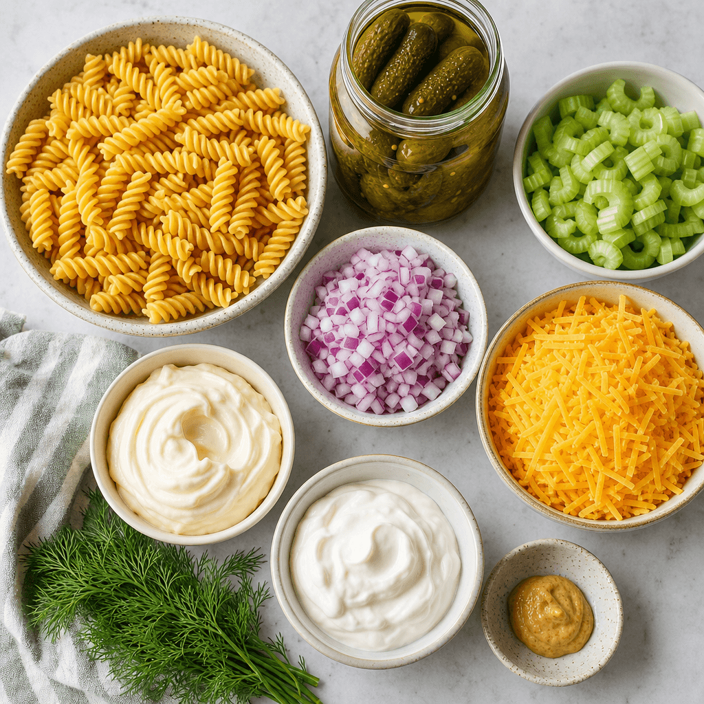 Dill Pickle Pasta Salad ingredients
