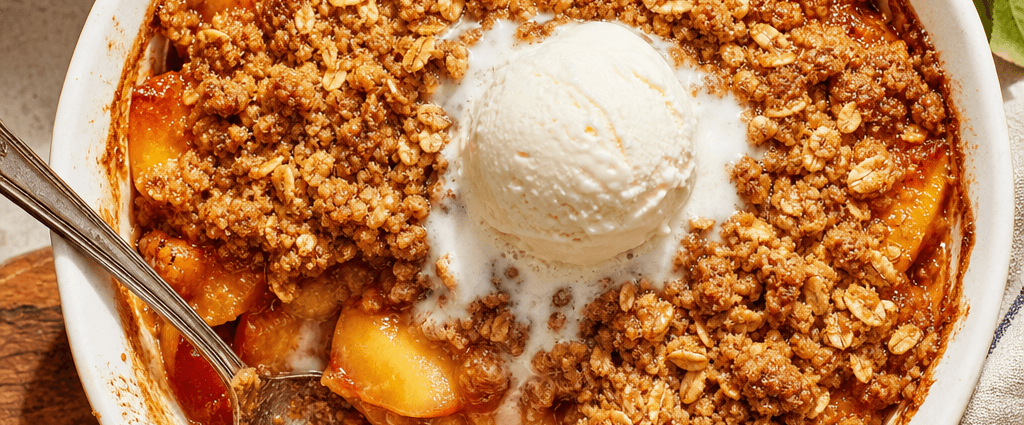 The Best Peach Crisp Recipe served with vanilla ice cream