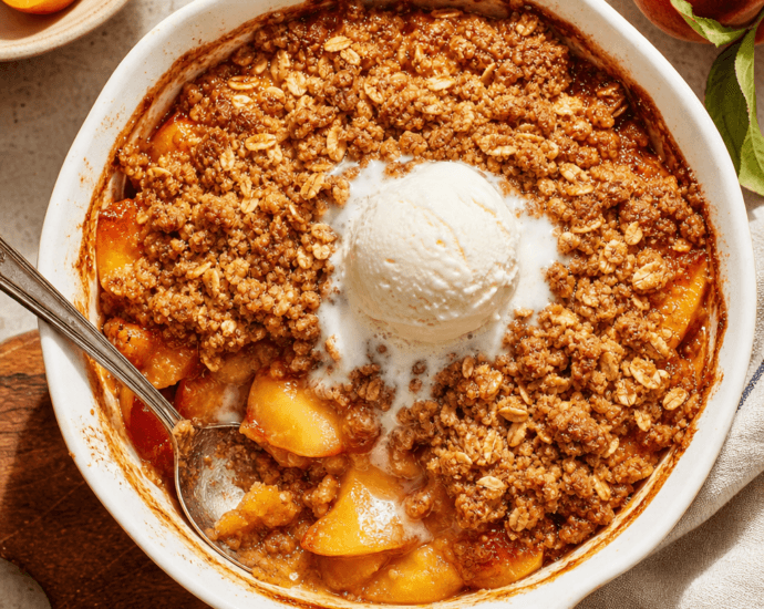 The Best Peach Crisp Recipe served with vanilla ice cream