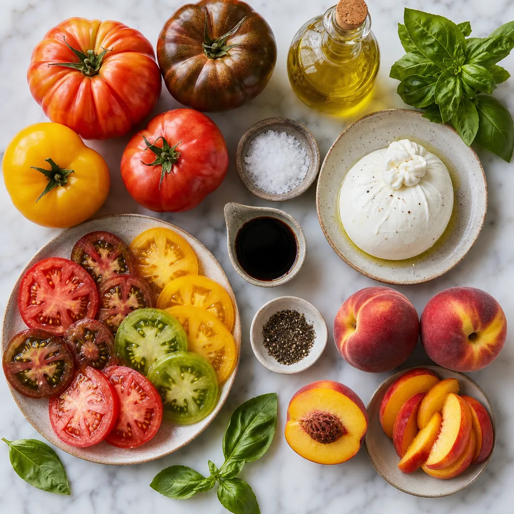 Tomato, Peach, and Burrata Salad ingredients