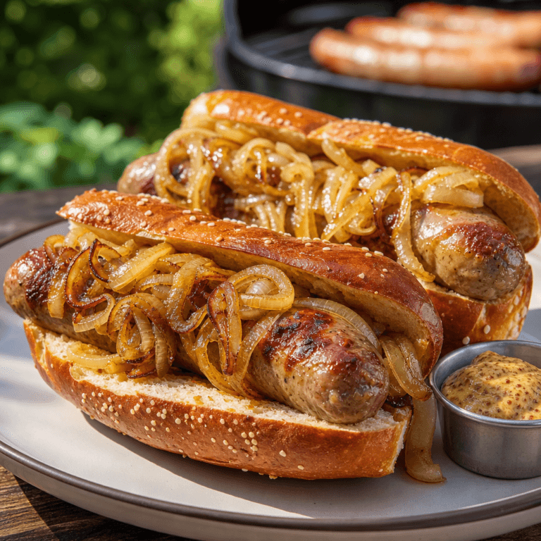 Grilled Bratwurst with Caramelized Onions