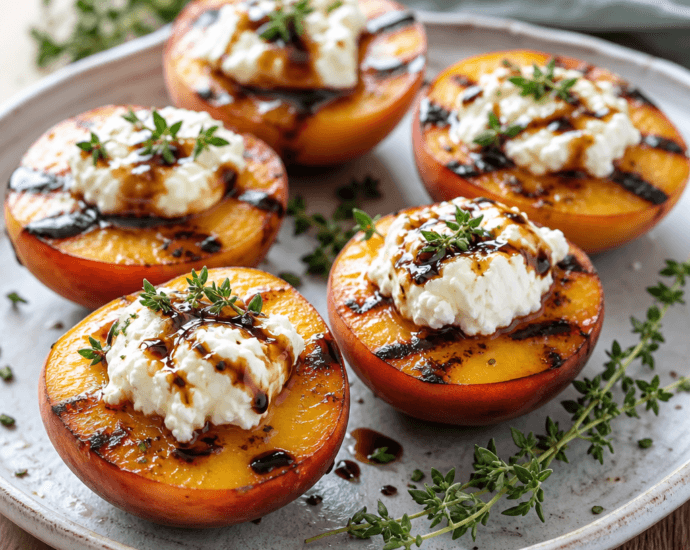 Grilled peaches with balsamic glaze and goat cheese