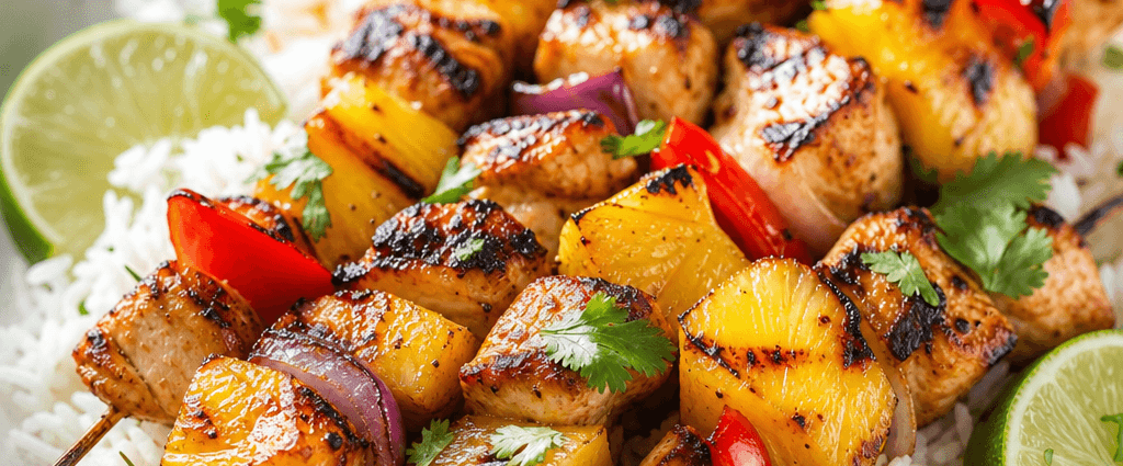Pineapple Chicken Skewers with Coconut Rice