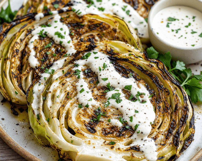Grilled cabbage steaks with garlic aioli
