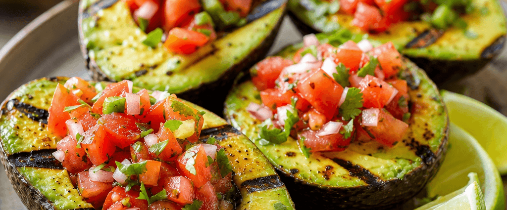 Grilled avocado halves stuffed with salsa