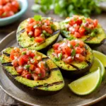 Grilled avocado halves stuffed with salsa